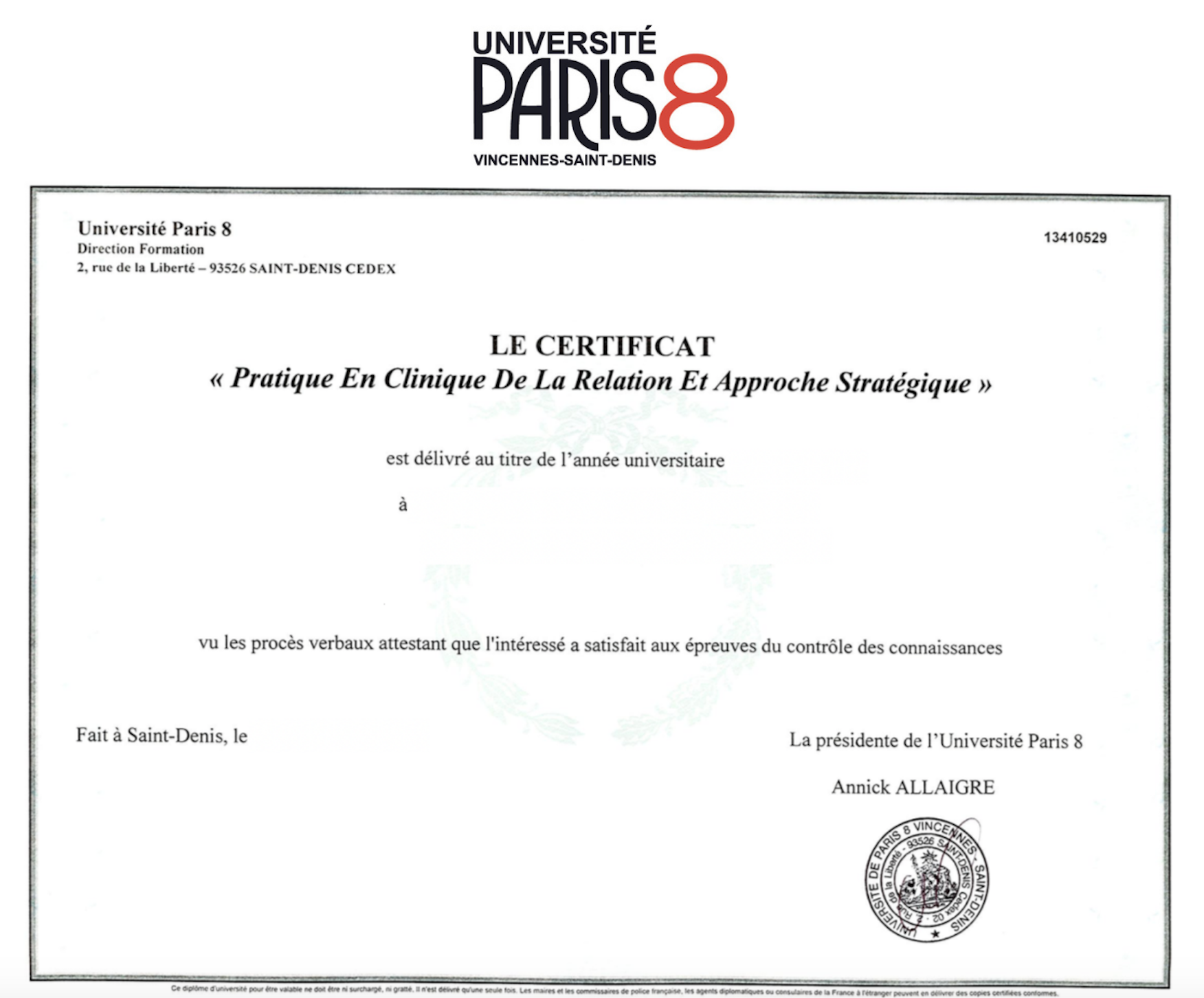 certificate Paris 8 N2 LOGO